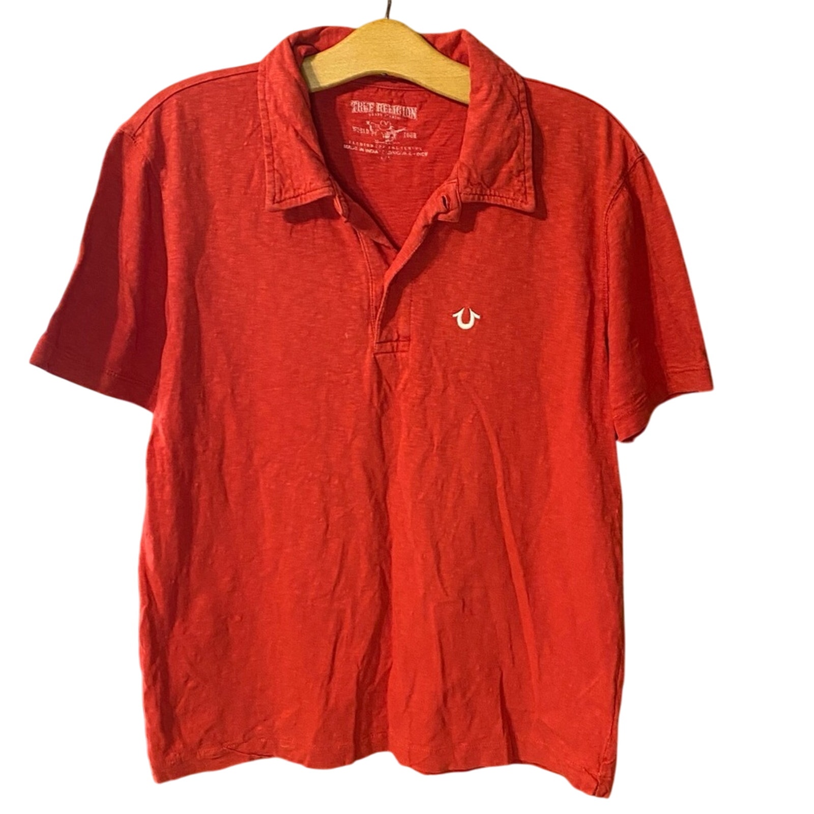 True Religion Vibrant Red Polo Shirt For Men Large Slub Cotton Casual